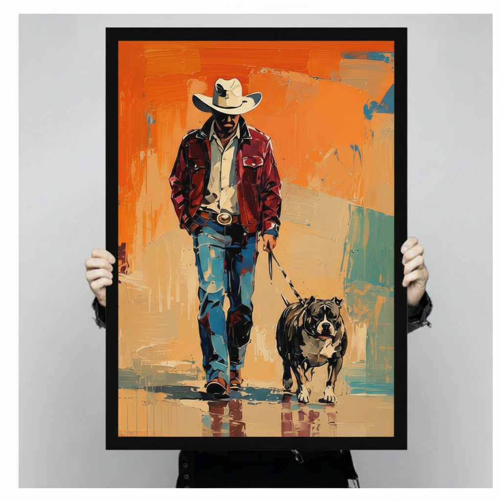 Close-up product shot of a premium wall art print showing a cowboy walking a bulldog, abstract expressionist painting with rich orange, teal, and beige brushstrokes