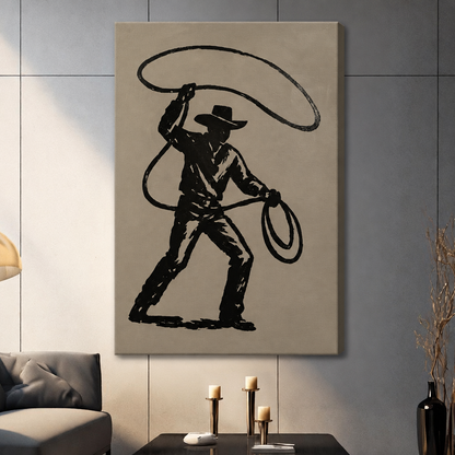 Frameless Western canvas wall art featuring a black cowboy swinging a lasso above a living room table.