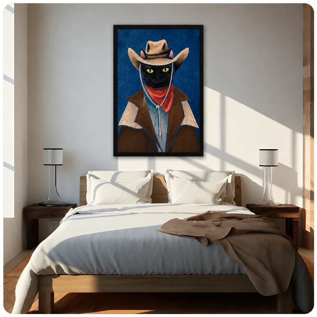 Cowboy cat canvas wall art above a bed, depicting a black cat in a tan cowboy hat and red bandana against blue hues⠋

