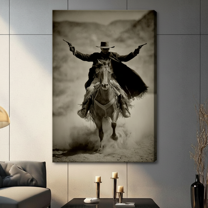 Frameless canvas print of a bold cowboy in a black duster coat charging forward on horseback with dual pistols raised, hung on a modern living room wall in sepia tones