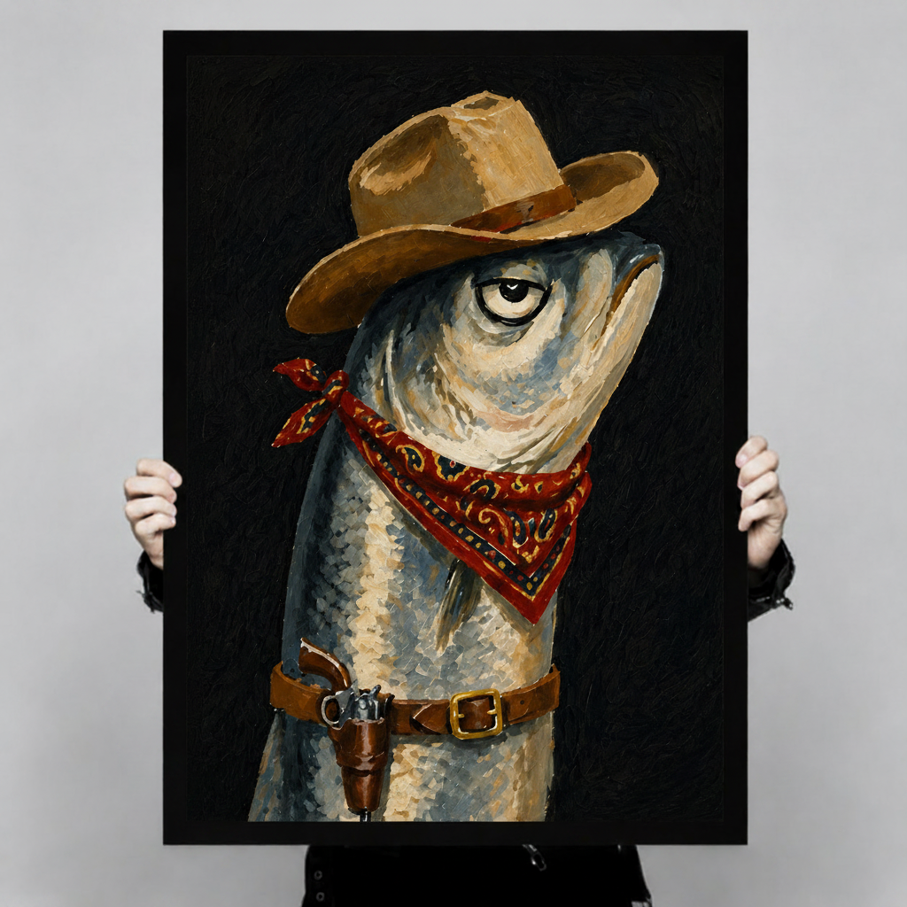 Close-up of cowboy fish art print showing oil painting texture – fish in cowboy hat with bandana and holster wall decor