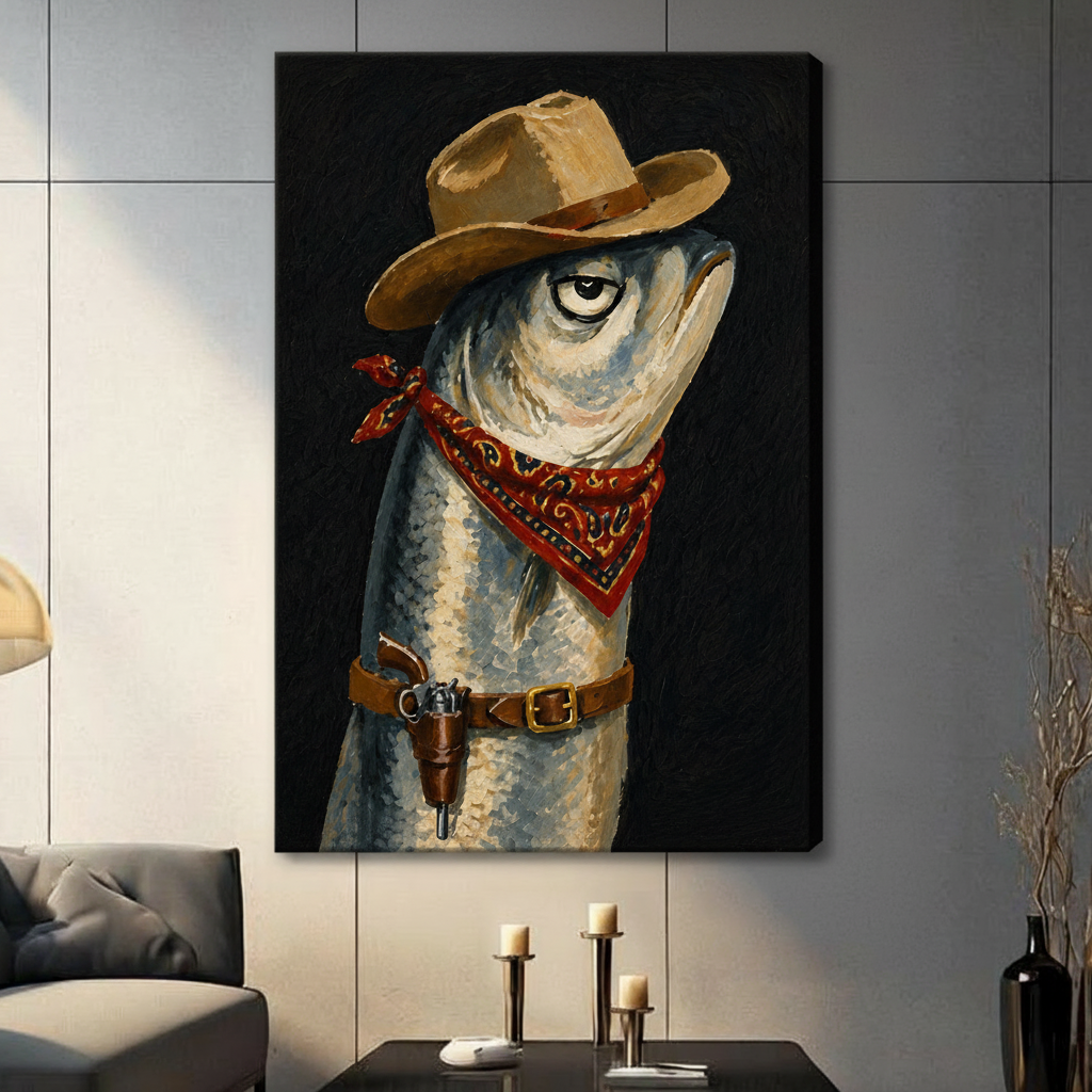 Funny cowboy fish canvas wall art with red bandana and gun belt – bold animal portrait print for living room decor