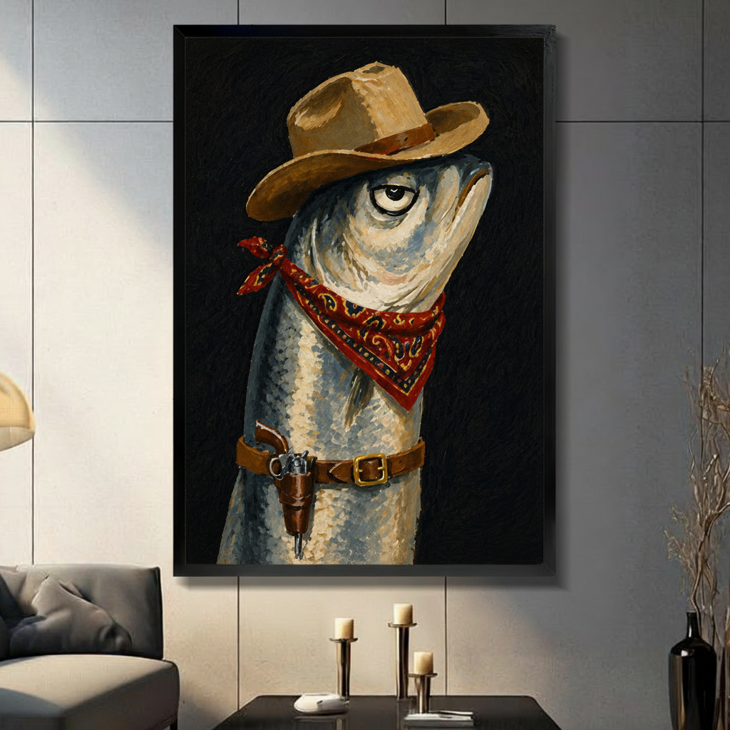 Cowboy fish wall art in black frame displayed in modern living room – humorous western animal portrait canvas print