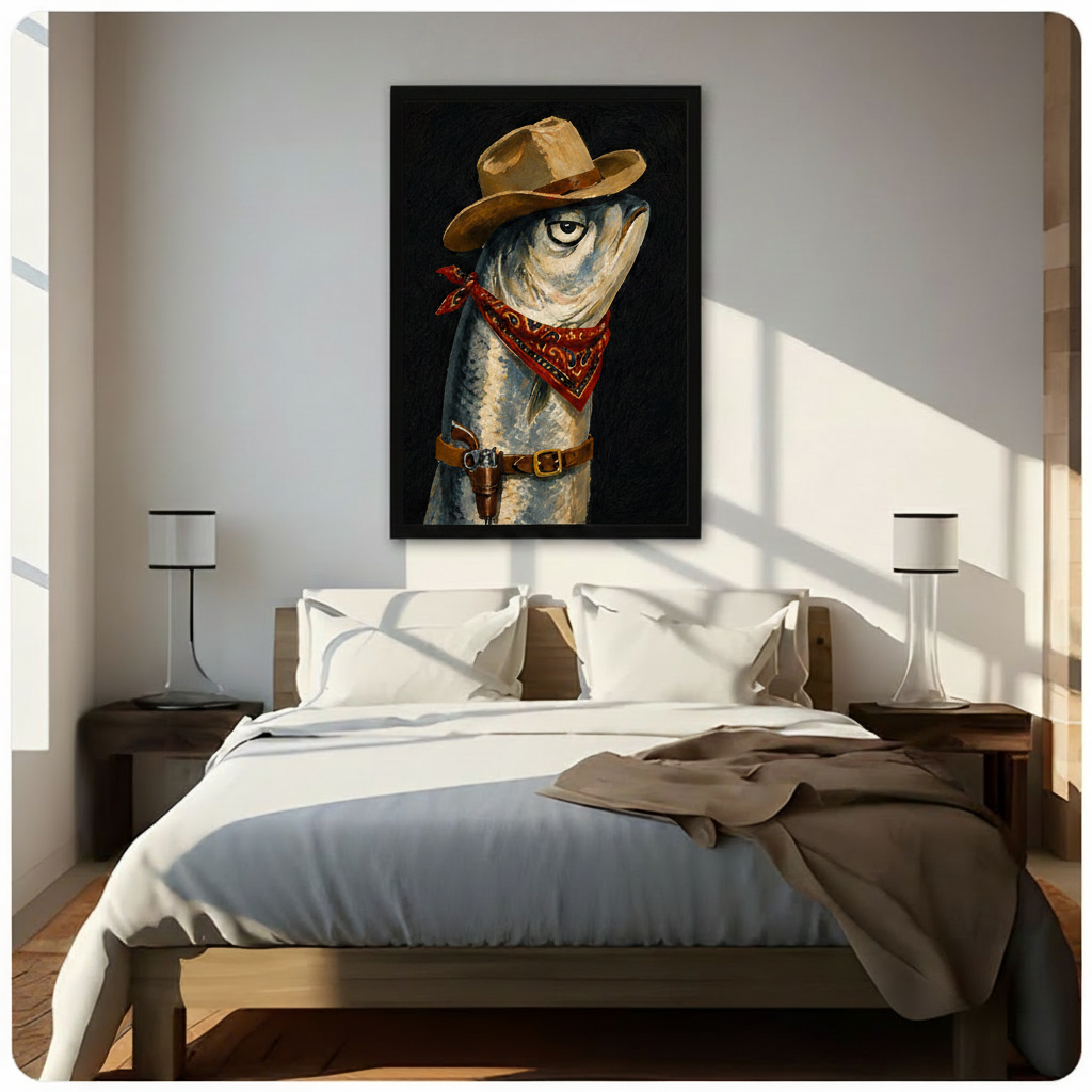 Framed cowboy fish canvas art above bed in bright bedroom – western-themed funny animal wall print for bedroom decor