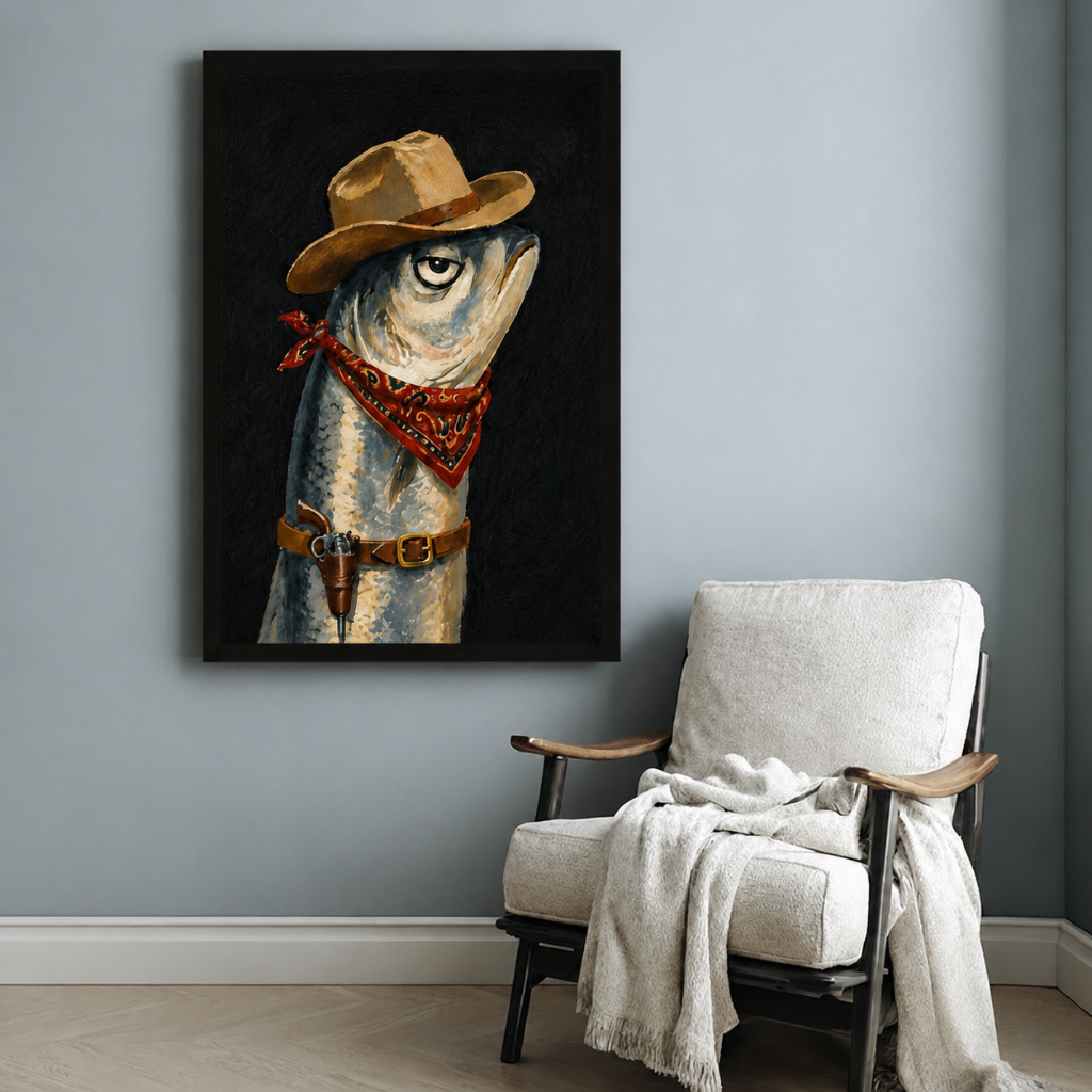Western cowboy fish portrait canvas print on grey wall above reading chair – quirky animal art for home accent wall