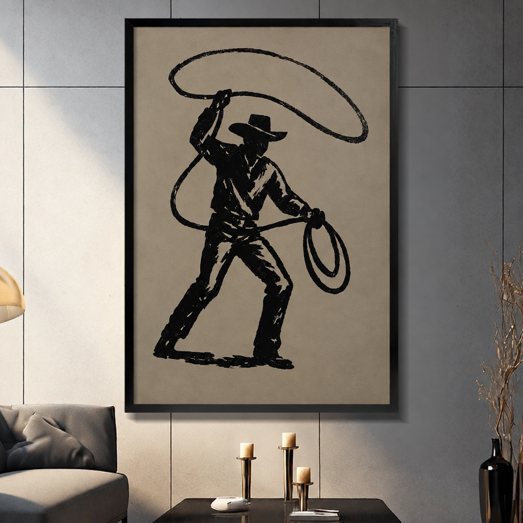 Black-framed cowboy lasso wall art on a paneled living room wall beside a gray sofa.