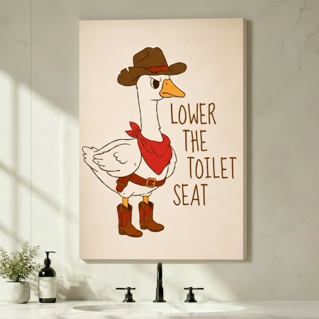 Funny cartoon illustration of a grumpy white goose in a brown cowboy hat red bandana and cowboy boots with the text Lower The Toilet Seat on a cream background funny bathroom wall art stretched canvas above bathroom sink with black faucet and green plants