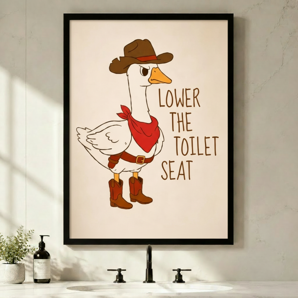 Funny cartoon illustration of a grumpy white goose in a brown cowboy hat red bandana and cowboy boots with the text Lower The Toilet Seat on a cream background funny bathroom wall art framed print above bathroom sink with black faucet and green plants