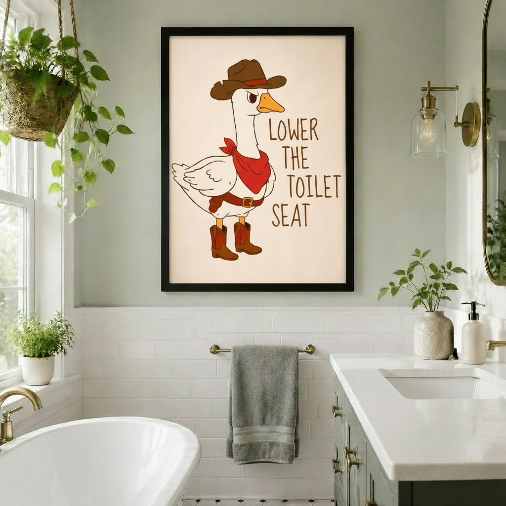 Funny cartoon illustration of a grumpy white goose in a brown cowboy hat red bandana and cowboy boots with the text Lower The Toilet Seat on a cream background funny bathroom wall art framed print in white tile bathroom with freestanding bathtub gold fixtures and trailing plants
