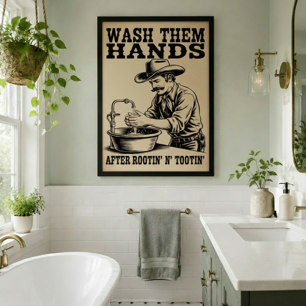 Framed western humor canvas print of a cowboy at a wash basin with "Wash Them Hands After Rootin' N' Tootin'" text, styled in a bright farmhouse bathroom with hanging plants and a freestanding tub
