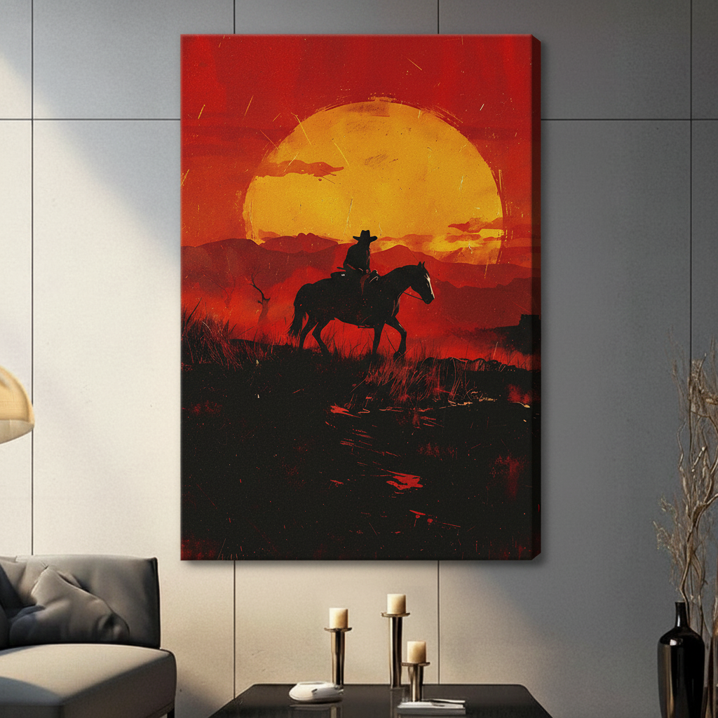Cowboy riding horse against fiery red sunset stretched canvas print hung in a contemporary dark living room interior