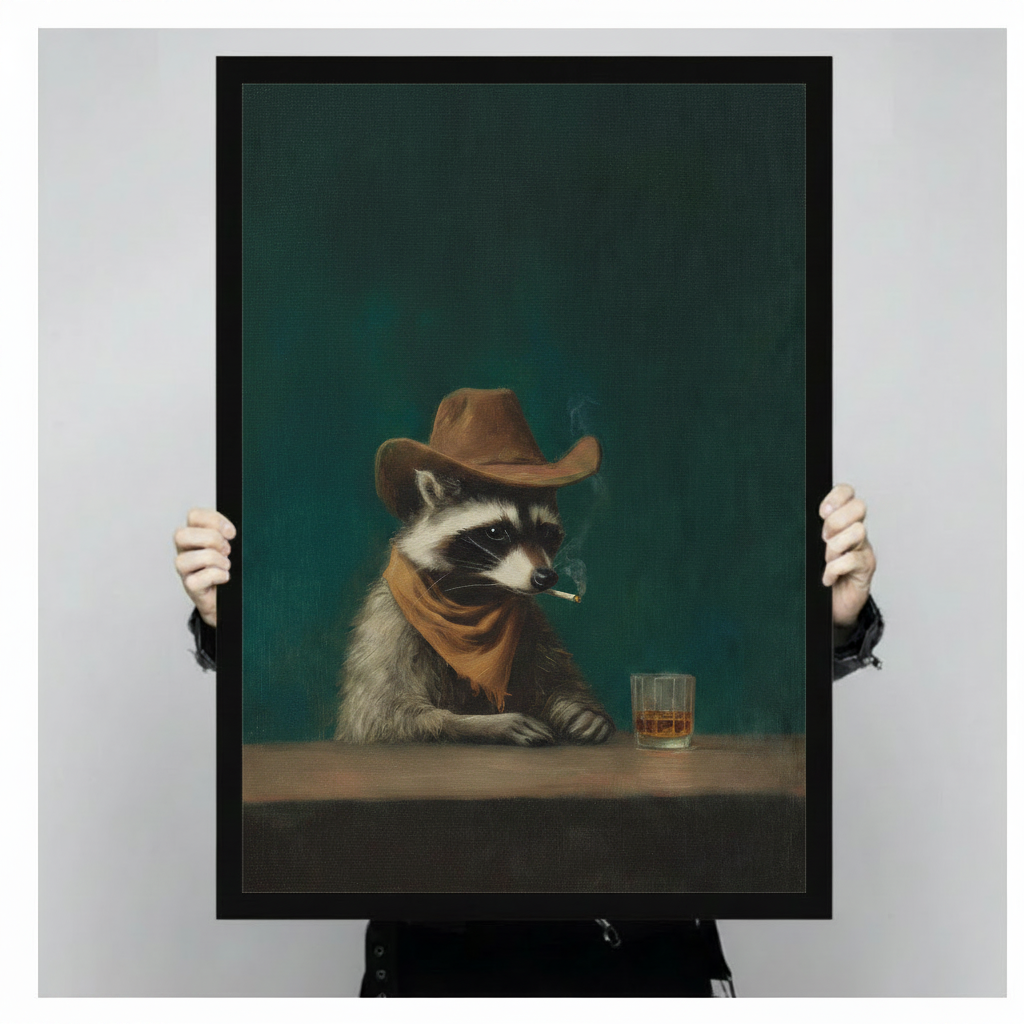 Hand-held close-up of cowboy raccoon smoking with whiskey glass black framed art print, detailed vintage oil painting of raccoon in brown cowboy hat and bandana, premium funny animal wall decor