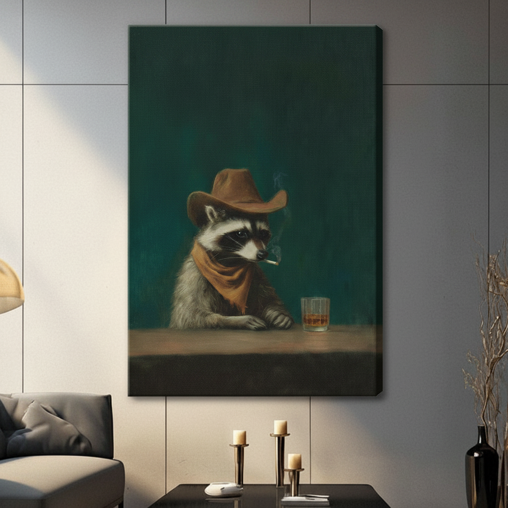 Humorous raccoon in cowboy hat smoking at bar with whiskey canvas wall art unframed, vintage oil painting style animal portrait on dark teal background, gallery wrap for living room decor