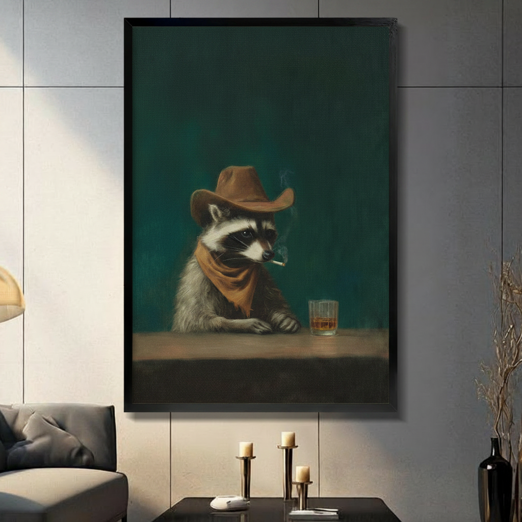 Funny cowboy raccoon smoking cigarette with whiskey glass framed wall art in modern living room, vintage oil painting style animal bar scene on teal background, black frame on gray wall
