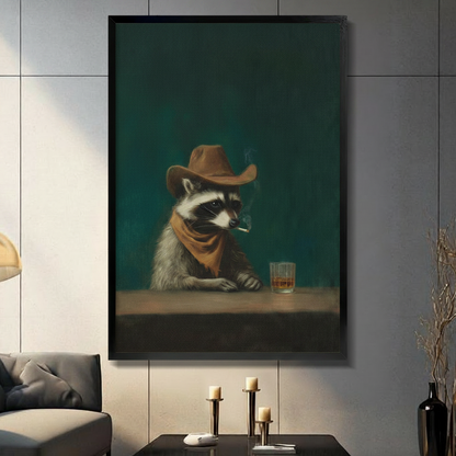 Funny cowboy raccoon smoking cigarette with whiskey glass framed wall art in modern living room, vintage oil painting style animal bar scene on teal background, black frame on gray wall
