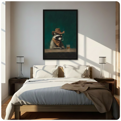 Funny cowboy raccoon smoking cigarette at bar with whiskey framed print above bed in sunlit minimalist bedroom, vintage oil painting style animal portrait with black frame for bedroom wall decor