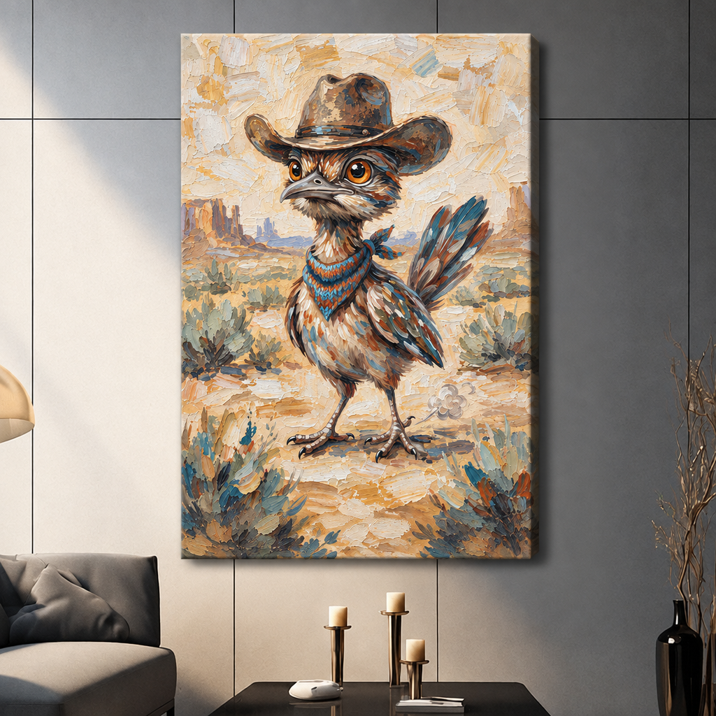 Impasto oil painting of a scruffy roadrunner bird standing upright in a sandy desert wearing an oversized brown cowboy hat and a teal knit bandana scarf with colourful tail feathers and red rock mesas in the background funny bird wall art stretched canvas dark panel wall living room