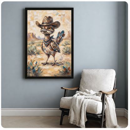 Impasto oil painting of a scruffy roadrunner bird standing upright in a sandy desert wearing an oversized brown cowboy hat and a teal knit bandana scarf with colourful tail feathers and red rock mesas in the background funny bird wall art framed print beside armchair blue-gray wall