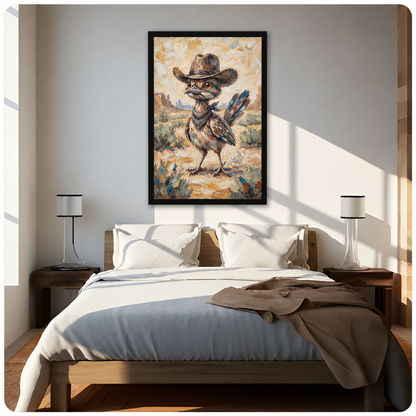 Impasto oil painting of a scruffy roadrunner bird standing upright in a sandy desert wearing an oversized brown cowboy hat and a teal knit bandana scarf with colourful tail feathers and red rock mesas in the background funny bird wall art framed print above bed sunlit bedroom