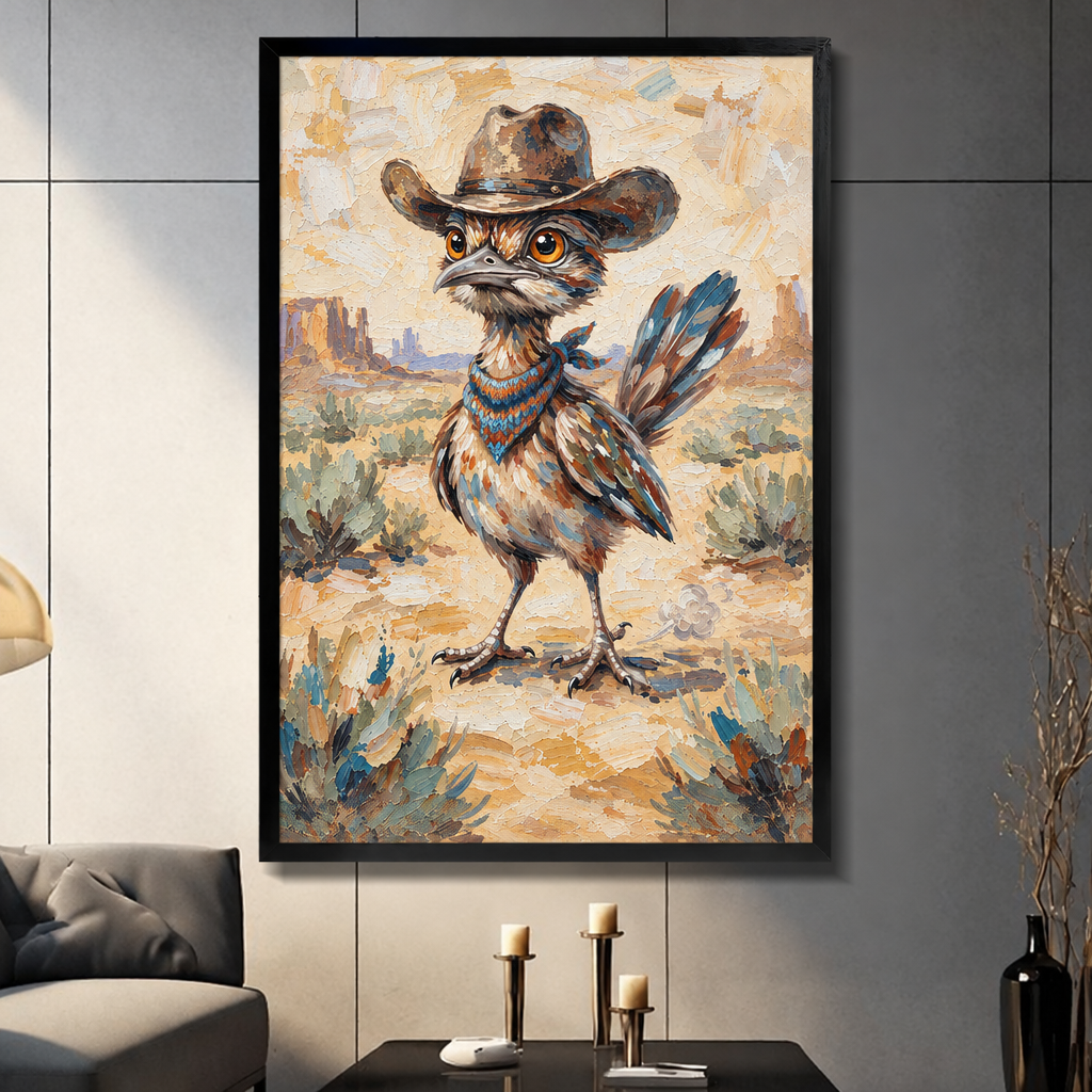 Impasto oil painting of a scruffy roadrunner bird standing upright in a sandy desert wearing an oversized brown cowboy hat and a teal knit bandana scarf with colourful tail feathers and red rock mesas in the background funny bird wall art framed print dark panel wall living room