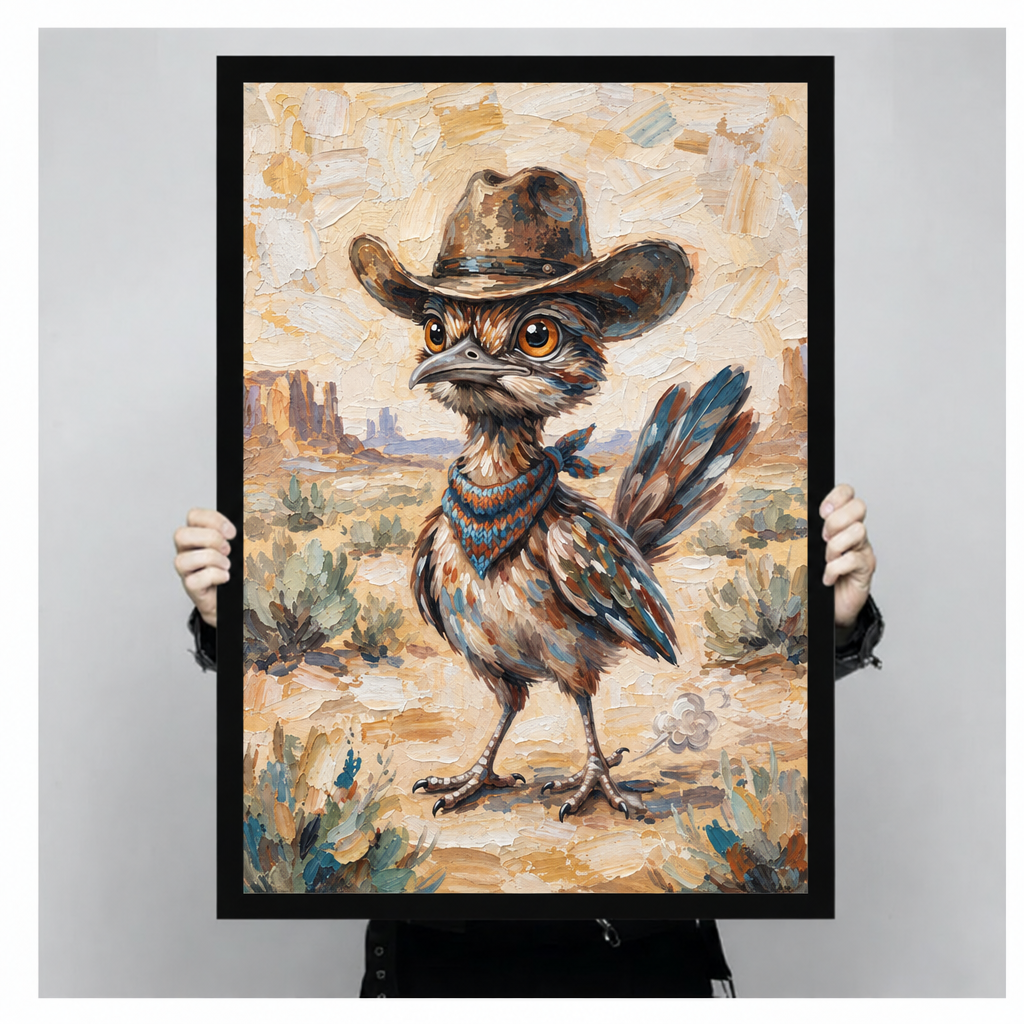 Impasto oil painting of a scruffy roadrunner bird standing upright in a sandy desert wearing an oversized brown cowboy hat and a teal knit bandana scarf with colourful tail feathers and red rock mesas in the background funny bird wall art framed print held up
