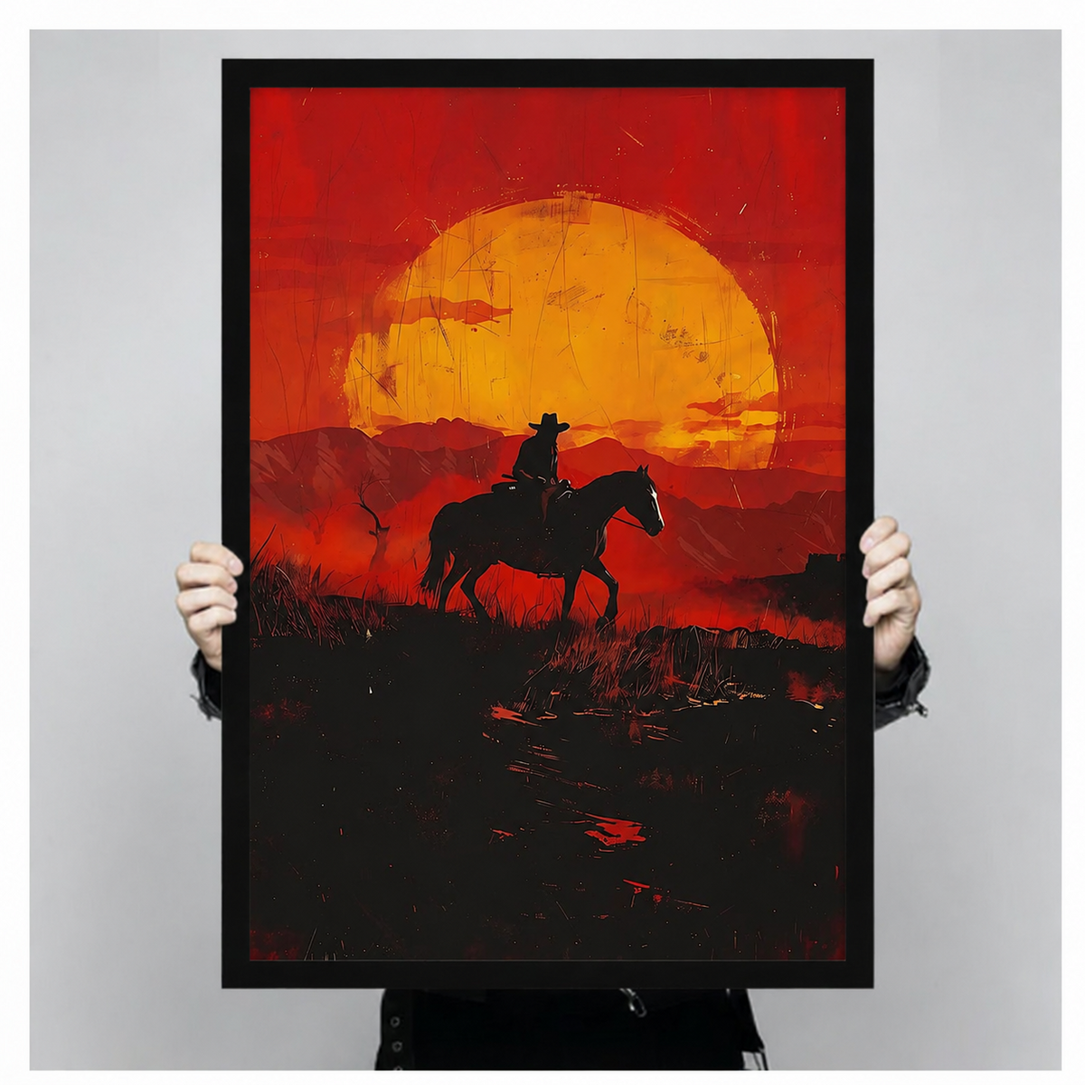 Person holding western cowboy horseback sunset canvas wall art — dramatic red and gold oil painting style, framed and ready to hang