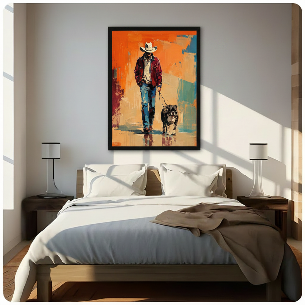 Framed canvas print of a cowboy and bulldog in an abstract oil painting style, hung above a bed as a statement bedroom wall art piece with warm orange tones