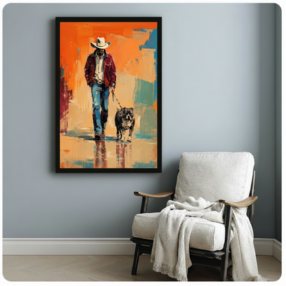 Black-framed art print featuring a cowboy and bulldog walking together against a vibrant abstract background, styled above a white armchair in a cozy reading nook