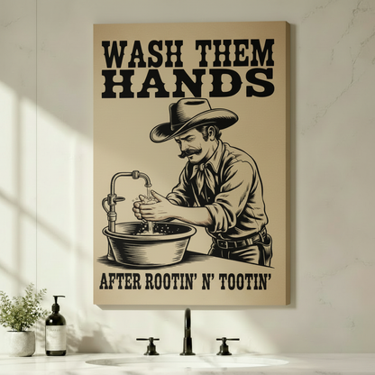 Frameless canvas print of a mustachioed cowboy scrubbing hands at a water basin with humorous western typography, displayed on a clean white bathroom wall