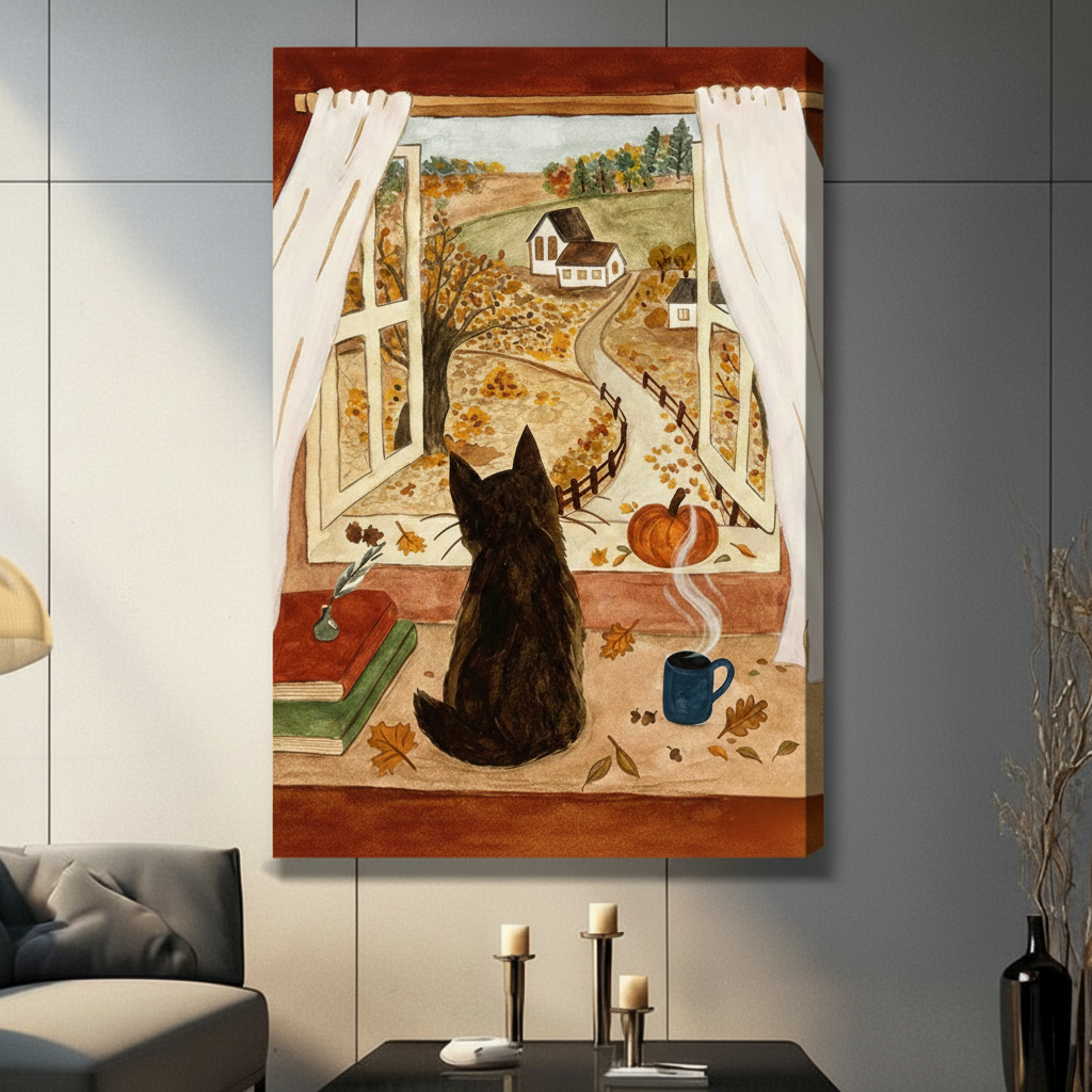 Black cat gazing at fall countryside farmhouse through open window canvas wall art print with scattered maple leaves and orange pumpkin hanging in a contemporary living room with dark gray tiled wall