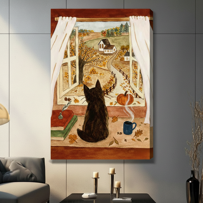 Black cat gazing at fall countryside farmhouse through open window canvas wall art print with scattered maple leaves and orange pumpkin hanging in a contemporary living room with dark gray tiled wall