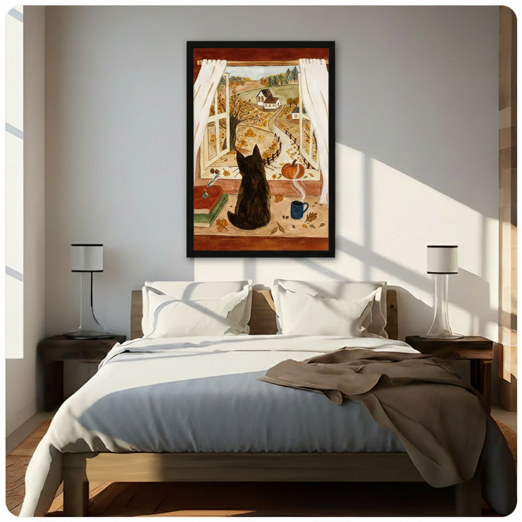 Cozy autumn black cat window wall art framed print with countryside view, fallen leaves, pumpkin, and warm coffee cup hanging above a bright modern bedroom with white linen bedding, dark wood nightstands, and white table lamps