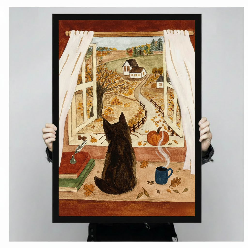 Black cat sitting at open window overlooking fall farm landscape with pumpkin, vintage books, and steaming blue mug framed wall art print held up for close-up view against a light gray background