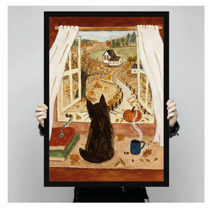 Black cat sitting at open window overlooking fall farm landscape with pumpkin, vintage books, and steaming blue mug framed wall art print held up for close-up view against a light gray background