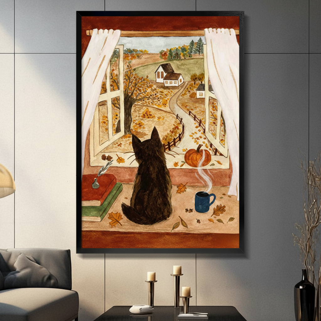 Cozy black cat on autumn windowsill with pumpkin, stacked books, and steaming coffee mug framed wall art print displayed in a moody living room with dark gray tiled wall, gray sofa, and black candle holders