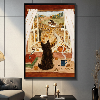 Cozy black cat on autumn windowsill with pumpkin, stacked books, and steaming coffee mug framed wall art print displayed in a moody living room with dark gray tiled wall, gray sofa, and black candle holders