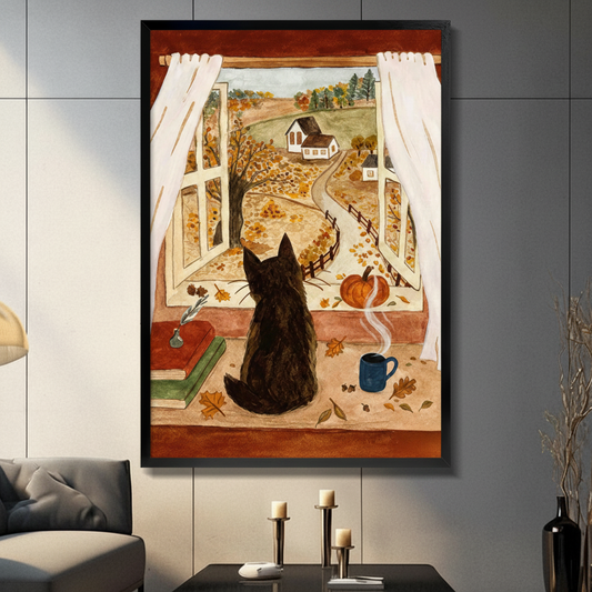 Cozy black cat on autumn windowsill with pumpkin, stacked books, and steaming coffee mug framed wall art print displayed in a moody living room with dark gray tiled wall, gray sofa, and black candle holders