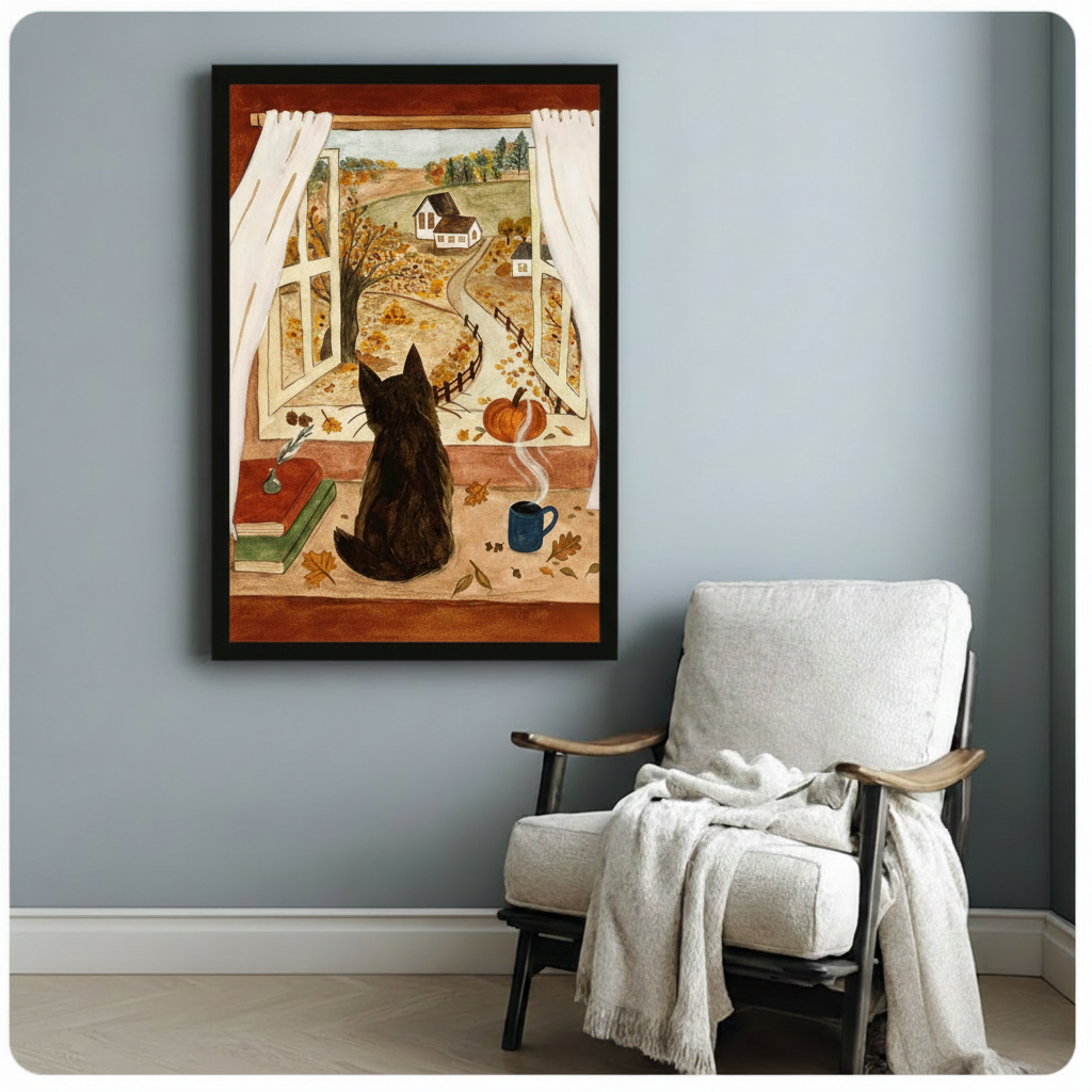Autumn black cat window scene framed art poster with falling oak leaves, pumpkin, and hot coffee mug displayed beside a wooden armchair with a white draped throw blanket against a soft blue-gray wall
