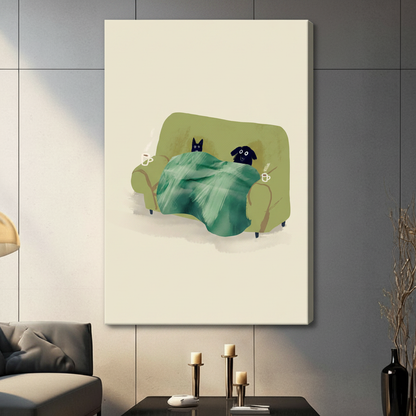 Stretched canvas wall art of a heartwarming minimalist scene featuring a black cat and black dog cuddled together beneath a green blanket on an olive sofa with two hot coffee cups on a clean cream background, hung on a dark gray tile wall beside a modern gray sofa with candlestick decor