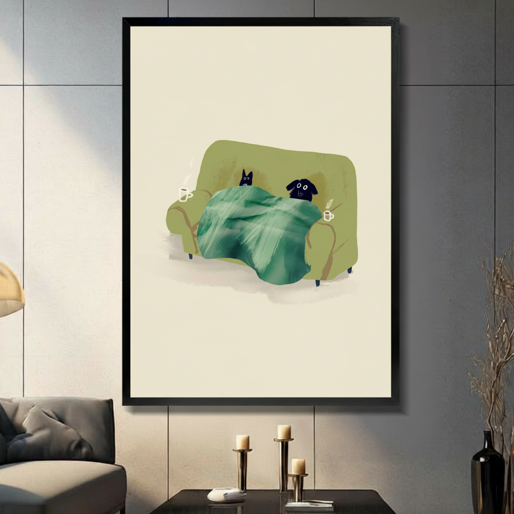 Black framed cozy black cat and dog snuggled under a blanket on a couch canvas art with a black cat and black dog resting on an olive green sofa sharing a teal blanket, two steaming coffee mugs beside them on a cream background, displayed on a dark gray tile wall above a black table with candlesticks beside a gray sofa