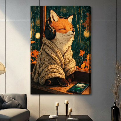 Illustrated orange fox in a chunky knit sweater wearing headphones beside a tablet rainy autumn window wall art stretched canvas light gray panel wall living room