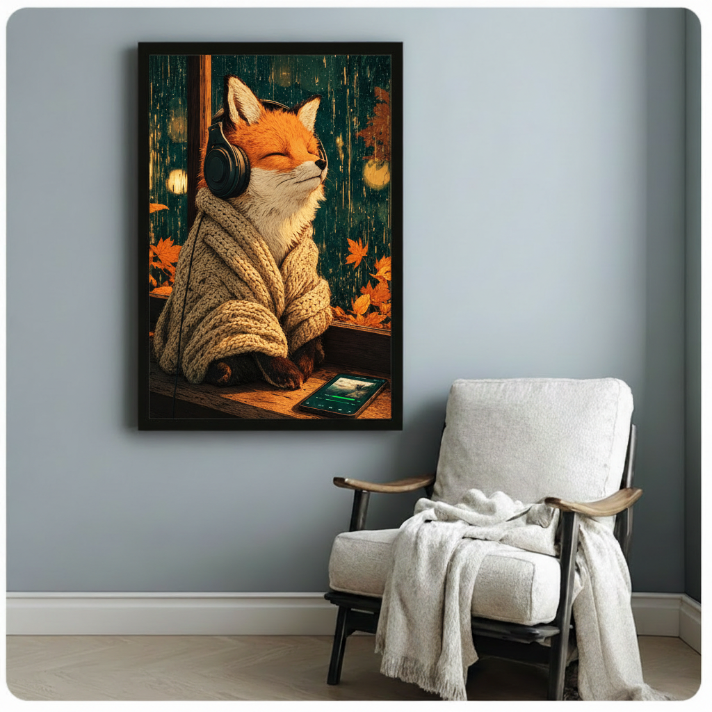 Illustrated orange fox in a chunky knit sweater wearing headphones beside a tablet rainy autumn window wall art framed print beside armchair blue-gray wall