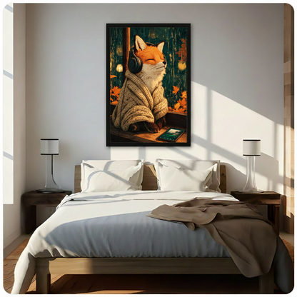 Illustrated orange fox in a chunky knit sweater wearing headphones beside a tablet rainy autumn window wall art framed print above bed sunlit bedroom