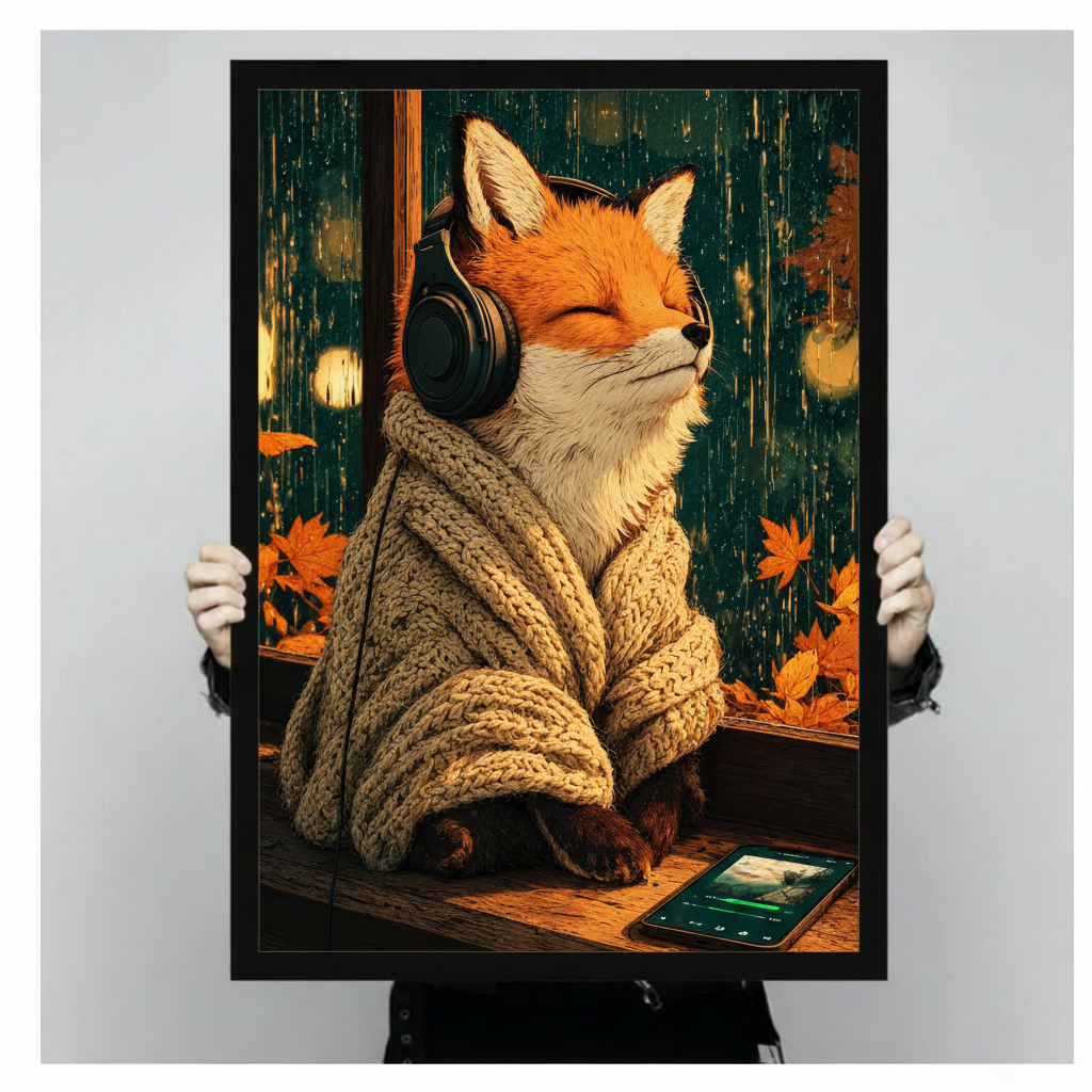 Illustrated orange fox in a chunky knit sweater wearing headphones beside a tablet rainy autumn window wall art framed print held up