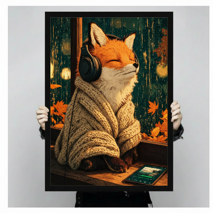 Illustrated orange fox in a chunky knit sweater wearing headphones beside a tablet rainy autumn window wall art framed print held up