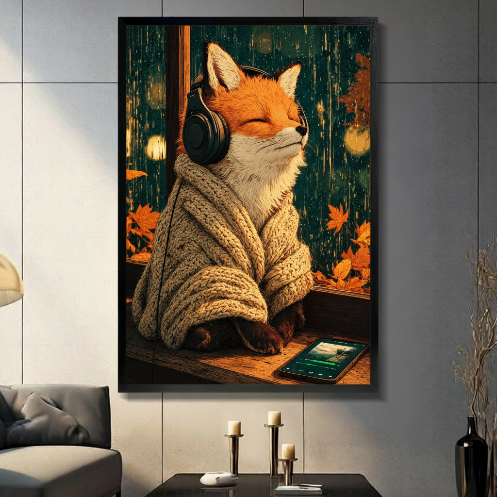 Illustrated orange fox in a chunky knit sweater wearing headphones beside a tablet rainy autumn window wall art framed print light gray panel wall living room