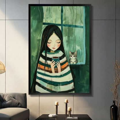 Cozy girl holding coffee cup with cat by rainy window framed wall art print in modern living room
