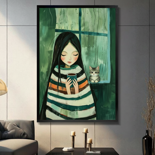 Cozy girl holding coffee cup with cat by rainy window framed wall art print in modern living room