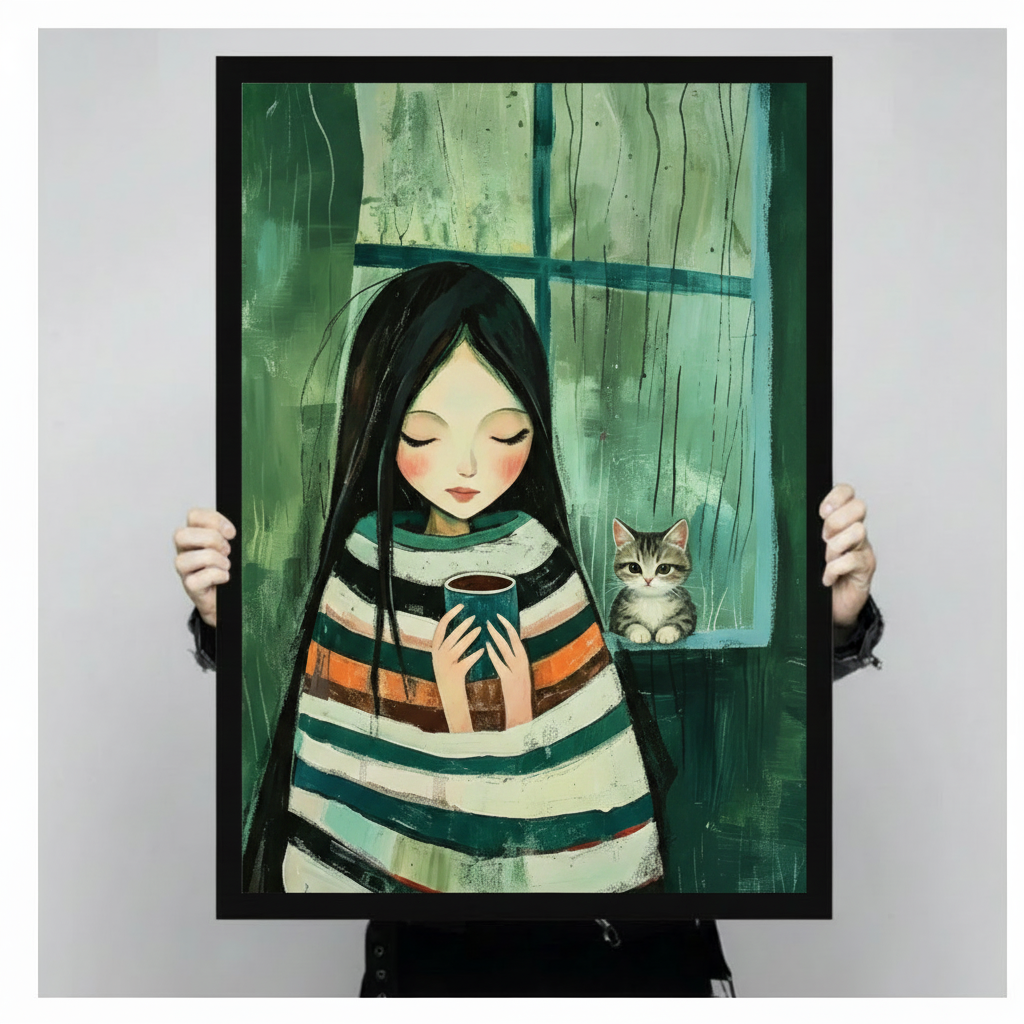 Person holding black framed art print of cozy girl with kitten by rainy window close-up product view