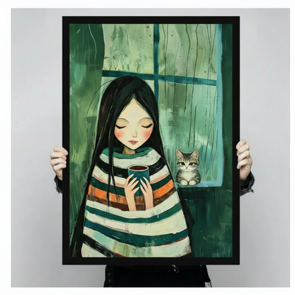 Person holding black framed art print of cozy girl with kitten by rainy window close-up product view